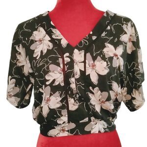 Sienna Sky Cropped Blouse Size XS Black Short Sleeves Floral Semi-Sheer